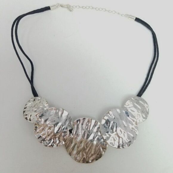 Vintage Chunky Silver Tone Disc Collar Necklace, Statement, Black Cord Setting - Picture 2 of 6
